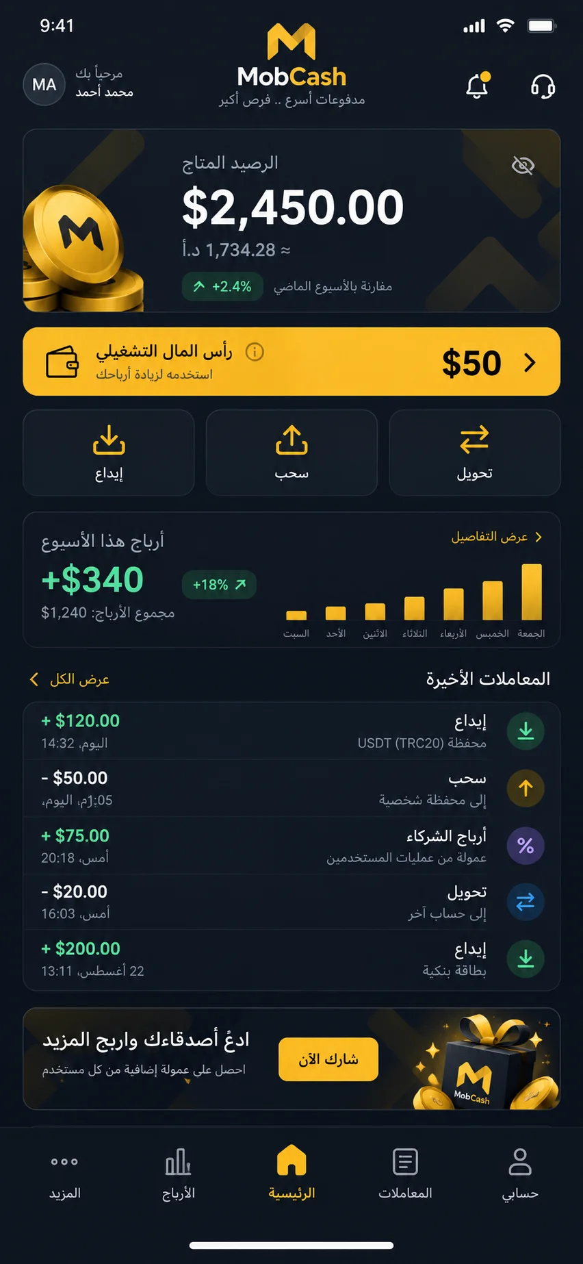 لوحة التحكم الرئيسية وعرض الرصيد
